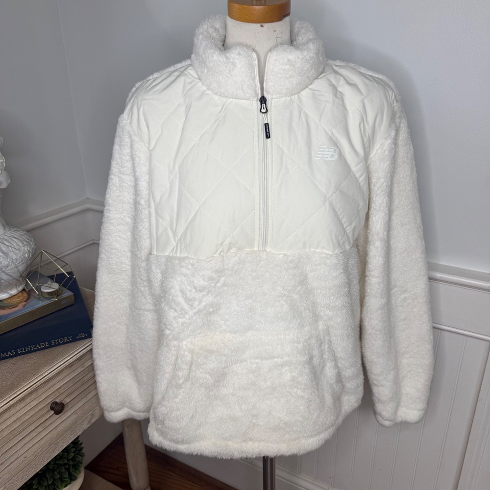 New Balance Womens XL Cream Quilted Sherpa Fleece Quarter Zip Pullover Jacket - Picture 1 of 7
